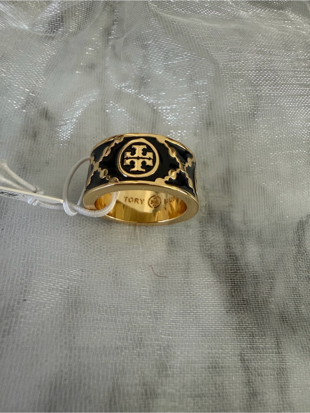 NWT Tory Burch Kira Gold and Black Enamel Ring, Authentic Size 7 with Tag